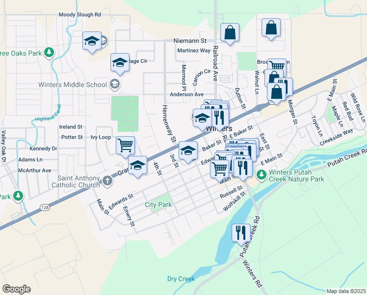map of restaurants, bars, coffee shops, grocery stores, and more near 209 Baker Street in Winters