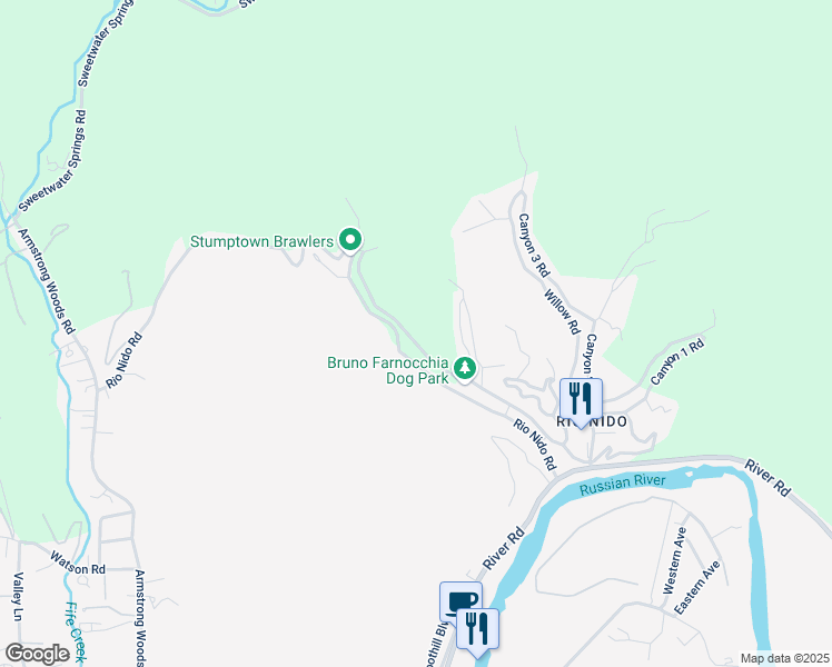 map of restaurants, bars, coffee shops, grocery stores, and more near 15011 Canyon 7 Road in Guerneville
