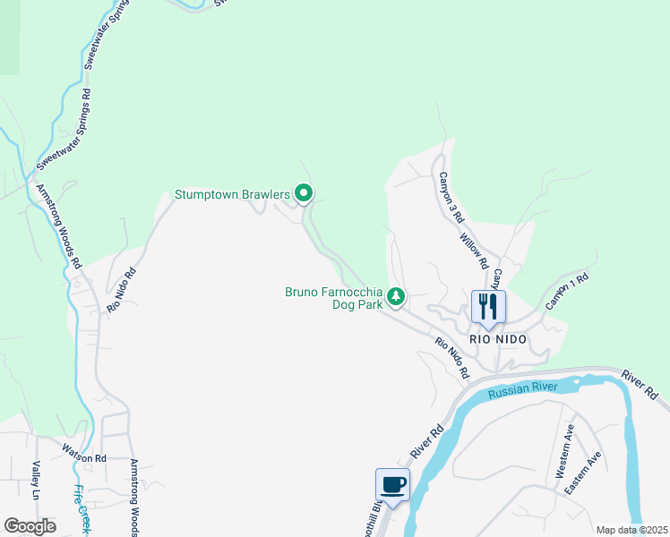 map of restaurants, bars, coffee shops, grocery stores, and more near 15050 Rio Nido Road in Guerneville