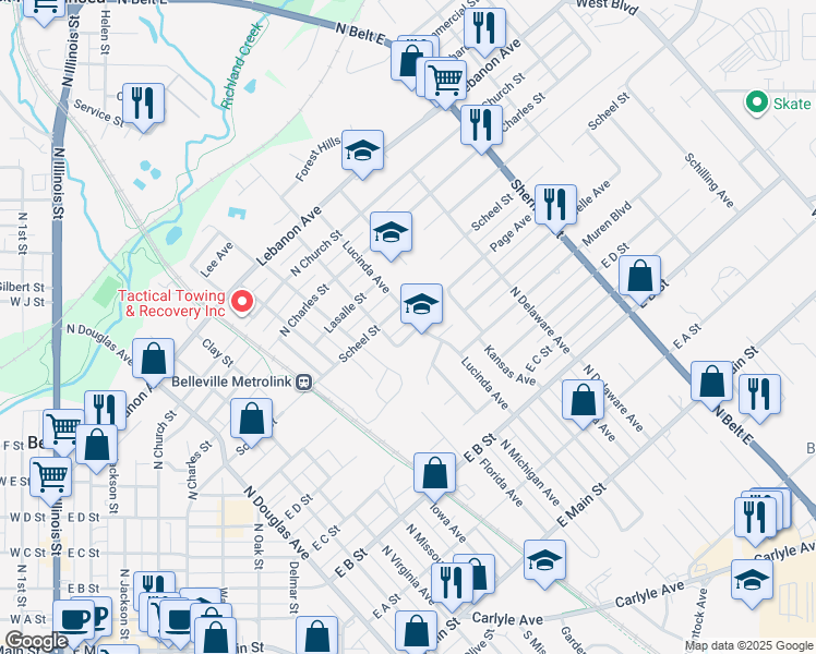 map of restaurants, bars, coffee shops, grocery stores, and more near 423 Lucinda Avenue in Belleville