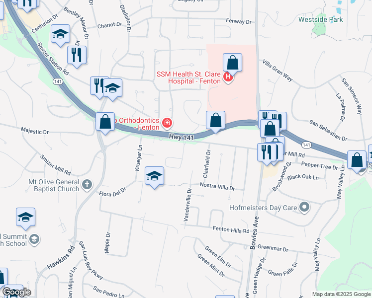 map of restaurants, bars, coffee shops, grocery stores, and more near 708 Villas Estates Drive in Fenton