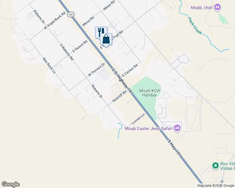 map of restaurants, bars, coffee shops, grocery stores, and more near 3341 Redcliff Road in Moab