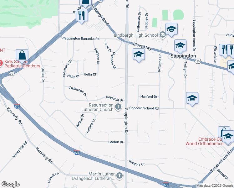 map of restaurants, bars, coffee shops, grocery stores, and more near 11617 Doverhill Drive in St. Louis