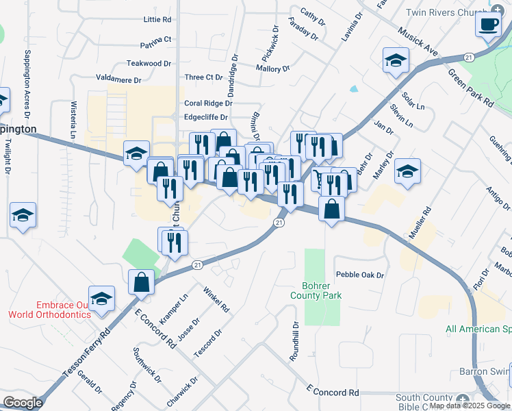 map of restaurants, bars, coffee shops, grocery stores, and more near 9909 Arthur Lane in St. Louis