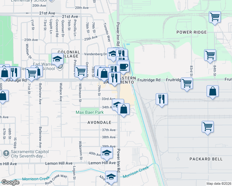 map of restaurants, bars, coffee shops, grocery stores, and more near 8012 33rd Avenue in Sacramento