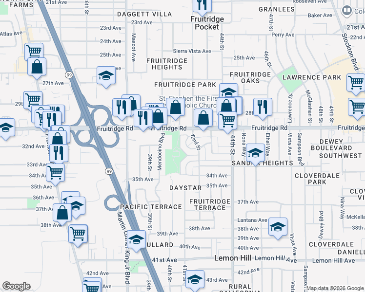 map of restaurants, bars, coffee shops, grocery stores, and more near 4117 Gaddi Drive in Sacramento