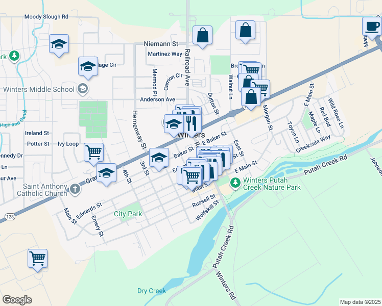 map of restaurants, bars, coffee shops, grocery stores, and more near 15 Edwards Street in Winters