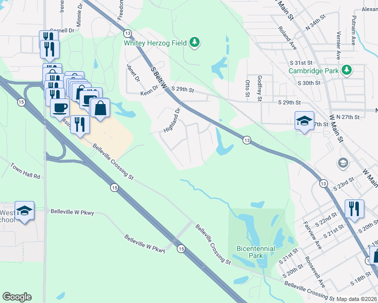 map of restaurants, bars, coffee shops, grocery stores, and more near 119 Starlight Drive in Belleville