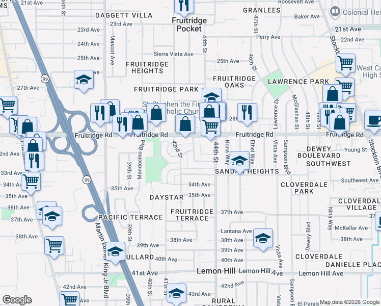 map of restaurants, bars, coffee shops, grocery stores, and more near 5630 Odea Drive in Sacramento