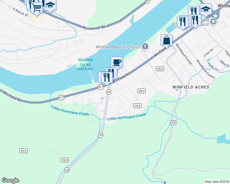map of restaurants, bars, coffee shops, grocery stores, and more near 175 Joshua Way in Winfield