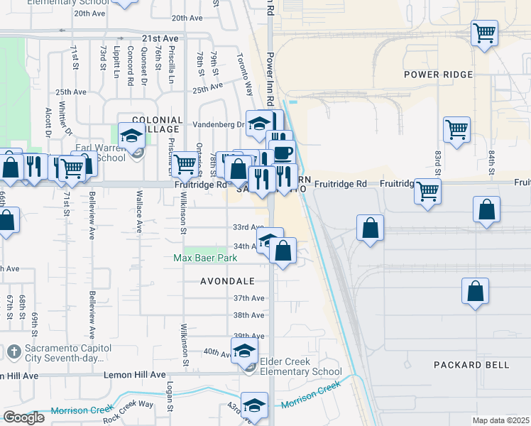 map of restaurants, bars, coffee shops, grocery stores, and more near 8012 33rd Avenue in Sacramento