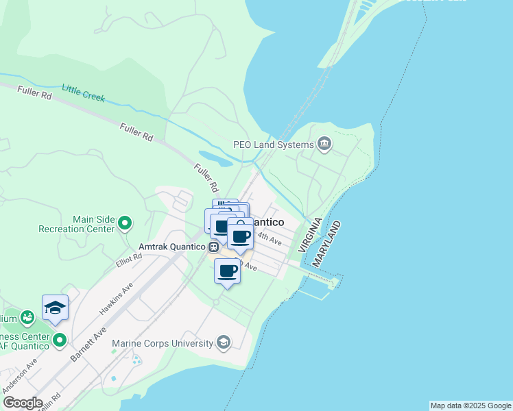 map of restaurants, bars, coffee shops, grocery stores, and more near 308 2nd Avenue in Quantico