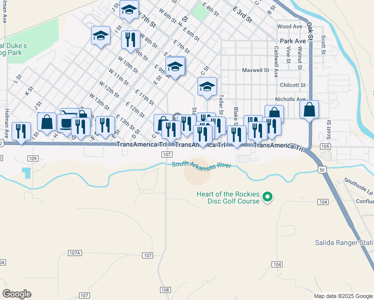 map of restaurants, bars, coffee shops, grocery stores, and more near 7190 County Road 107 in Salida