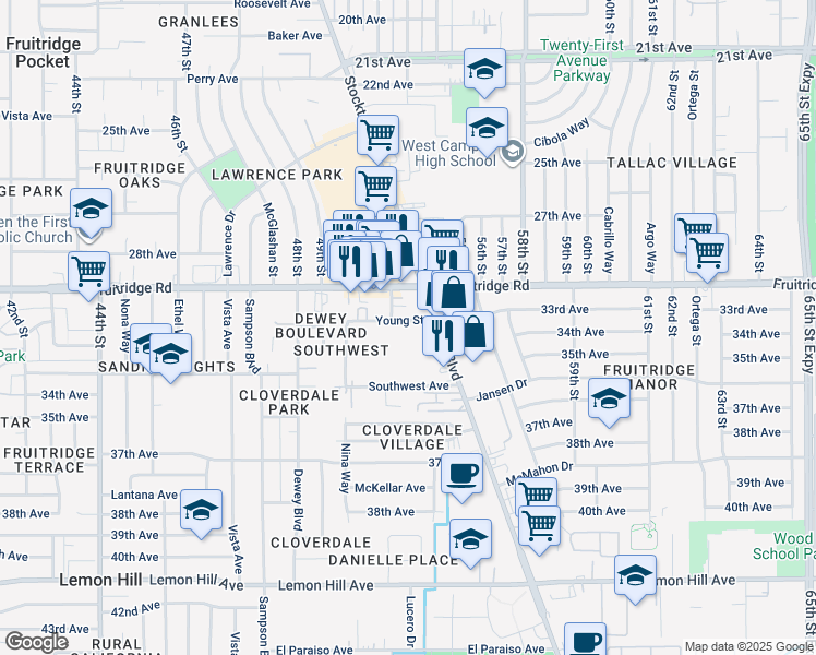 map of restaurants, bars, coffee shops, grocery stores, and more near 5716 Stockton Boulevard in Sacramento