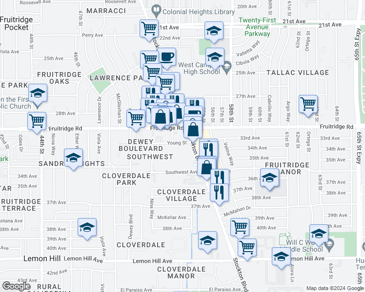 map of restaurants, bars, coffee shops, grocery stores, and more near 5364 Young Street in Sacramento