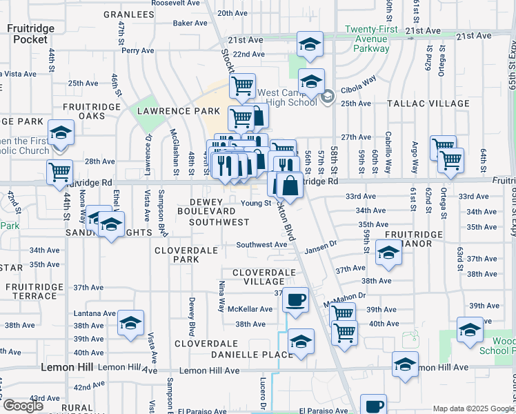 map of restaurants, bars, coffee shops, grocery stores, and more near 5300 Young Street in Sacramento