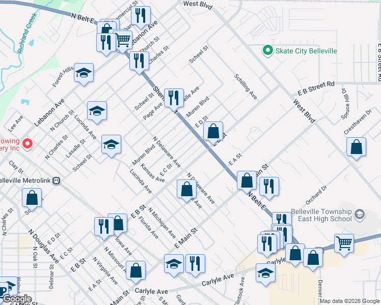 map of restaurants, bars, coffee shops, grocery stores, and more near 255 Sherman Street in Belleville