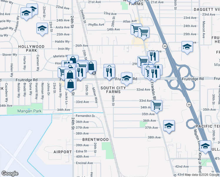 map of restaurants, bars, coffee shops, grocery stores, and more near 2790 Fruitridge Road in Sacramento