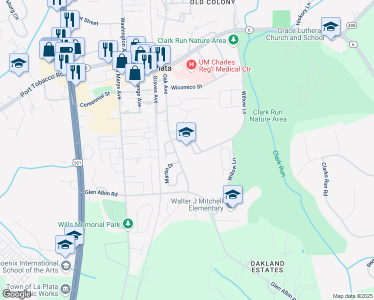 map of restaurants, bars, coffee shops, grocery stores, and more near 300 Willow Lane in La Plata