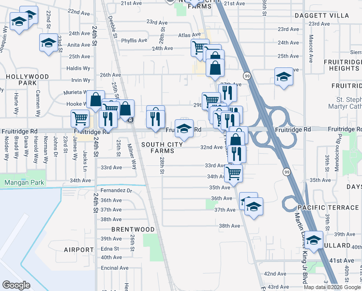 map of restaurants, bars, coffee shops, grocery stores, and more near 2840 Fruitridge Road in Sacramento