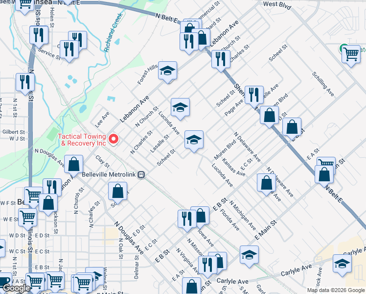 map of restaurants, bars, coffee shops, grocery stores, and more near 1112 Lasalle Street in Belleville