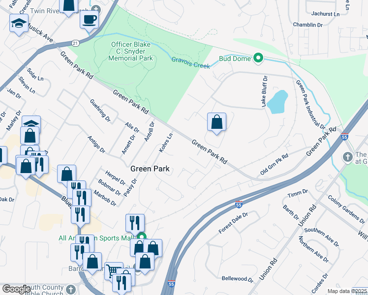 map of restaurants, bars, coffee shops, grocery stores, and more near 9787 Green Park Industrial Drive in St. Louis