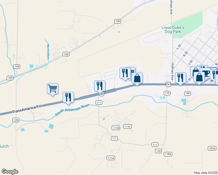 map of restaurants, bars, coffee shops, grocery stores, and more near 105 Starbuck Circle in Salida