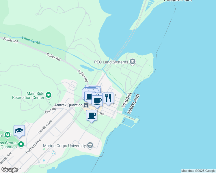 map of restaurants, bars, coffee shops, grocery stores, and more near 121 Broadway Street in Quantico