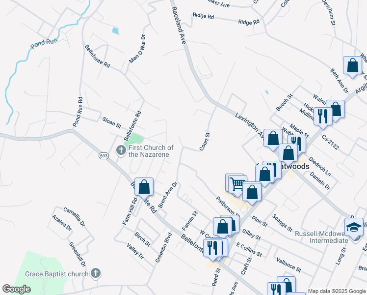 map of restaurants, bars, coffee shops, grocery stores, and more near 2298 Court Street in Flatwoods