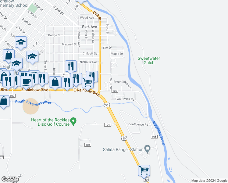 map of restaurants, bars, coffee shops, grocery stores, and more near 7253 County Road 105 in Salida