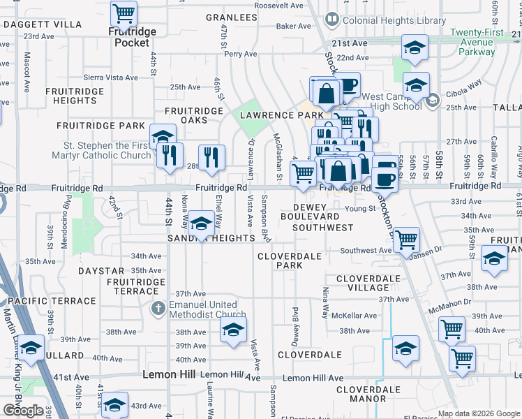 map of restaurants, bars, coffee shops, grocery stores, and more near 5613 Sampson Boulevard in Sacramento