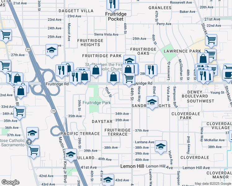 map of restaurants, bars, coffee shops, grocery stores, and more near 4228 Fruitridge Road in Sacramento
