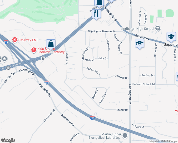 map of restaurants, bars, coffee shops, grocery stores, and more near 11843 Twillwood Drive in St. Louis