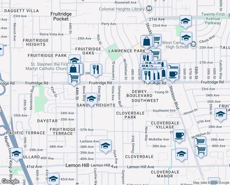 map of restaurants, bars, coffee shops, grocery stores, and more near 5631 Vista Avenue in Sacramento
