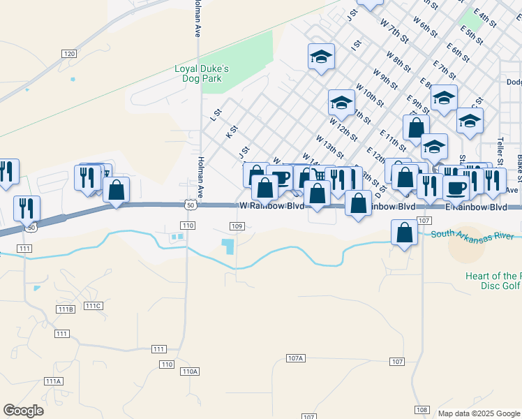 map of restaurants, bars, coffee shops, grocery stores, and more near 248 West Rainbow Boulevard in Salida