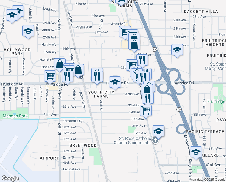map of restaurants, bars, coffee shops, grocery stores, and more near 2871 32nd Avenue in Sacramento