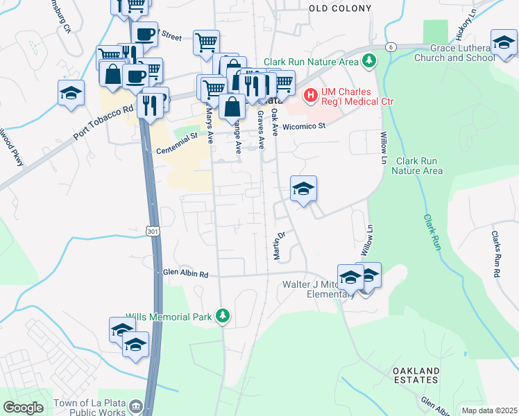 map of restaurants, bars, coffee shops, grocery stores, and more near 600 Edelen Station Place in La Plata