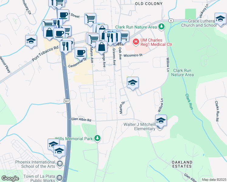 map of restaurants, bars, coffee shops, grocery stores, and more near 600 Edelen Station Place in La Plata