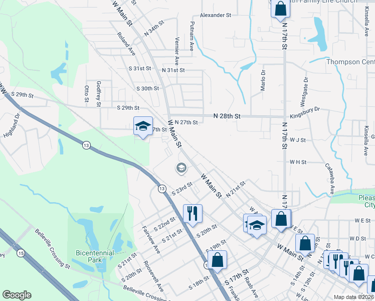 map of restaurants, bars, coffee shops, grocery stores, and more near 2615 West Main Street in Belleville