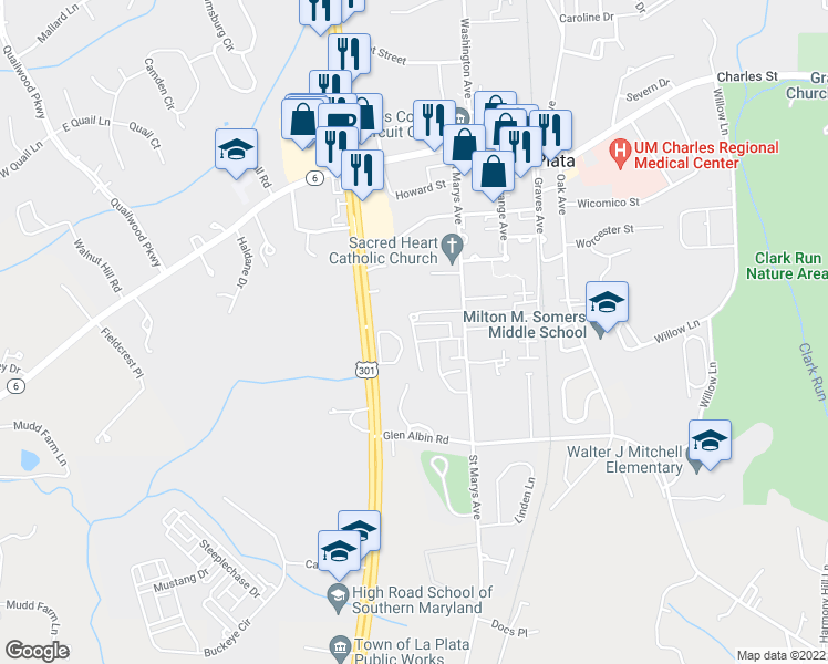 map of restaurants, bars, coffee shops, grocery stores, and more near 12 Hibiscus Court in La Plata