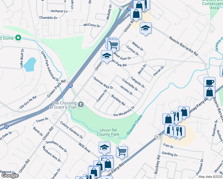 map of restaurants, bars, coffee shops, grocery stores, and more near 3938 Sunrise Way Drive in St. Louis