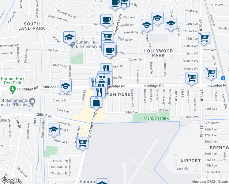 map of restaurants, bars, coffee shops, grocery stores, and more near 5613 La Campana Way in Sacramento