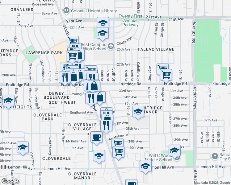 map of restaurants, bars, coffee shops, grocery stores, and more near 5545 33rd Avenue in Sacramento
