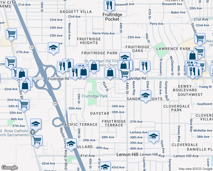 map of restaurants, bars, coffee shops, grocery stores, and more near 4228 Fruitridge Road in Sacramento