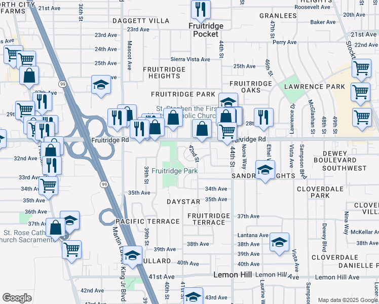 map of restaurants, bars, coffee shops, grocery stores, and more near 5681 79th St in Sacramento