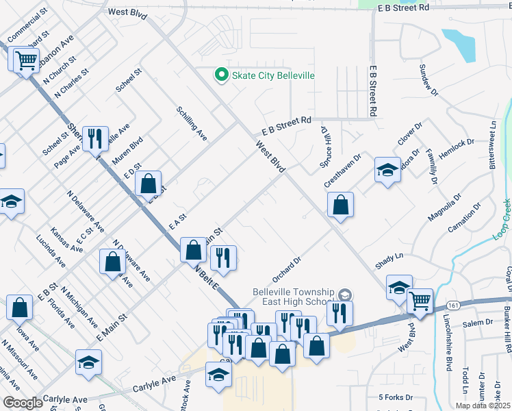 map of restaurants, bars, coffee shops, grocery stores, and more near 2603 East Main Street in Belleville