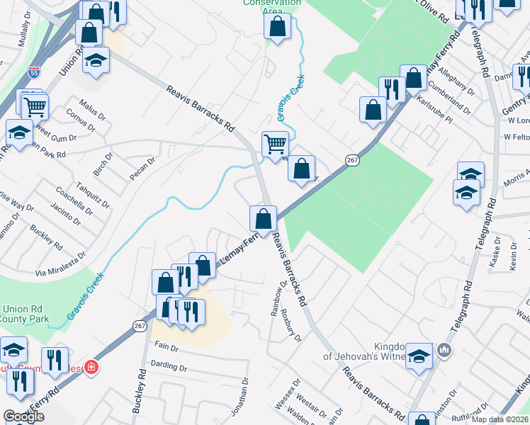 map of restaurants, bars, coffee shops, grocery stores, and more near 3630 Reavis Barracks Road in St. Louis