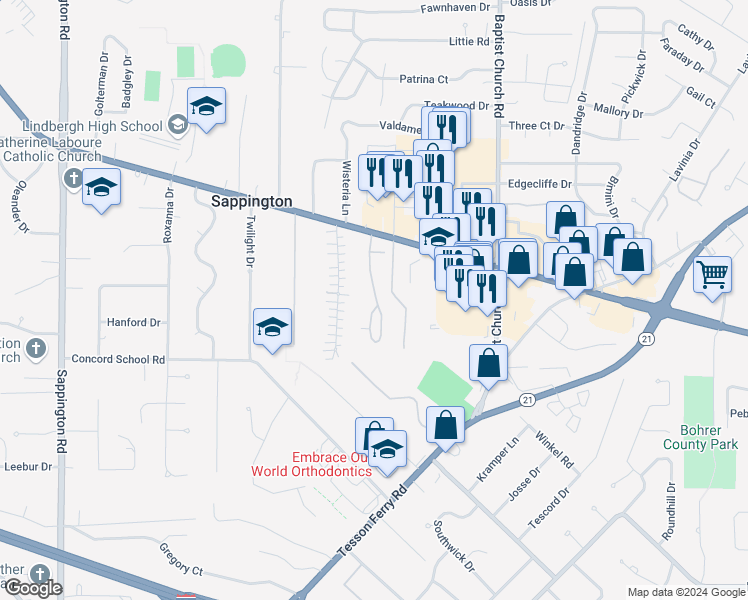 map of restaurants, bars, coffee shops, grocery stores, and more near 10731 Carroll Wood Way in Sappington