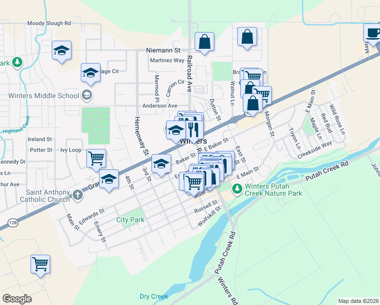 map of restaurants, bars, coffee shops, grocery stores, and more near in Winters