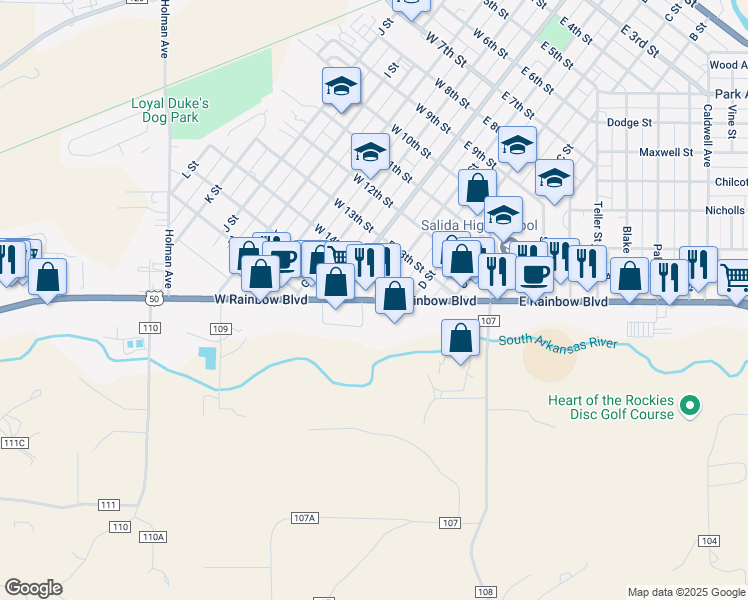 map of restaurants, bars, coffee shops, grocery stores, and more near 2109 E Street in Salida